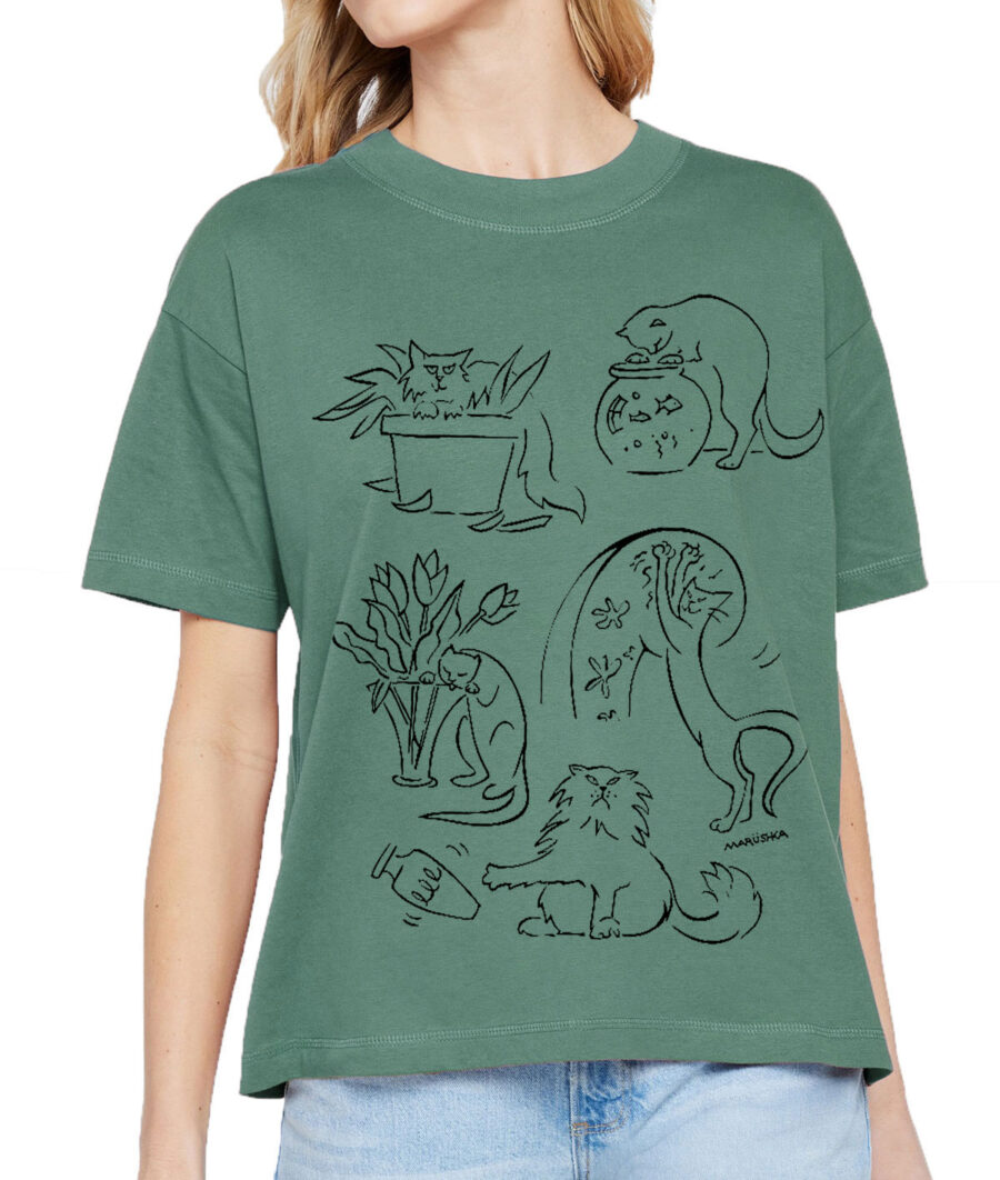 Boxy Crew T Bad Cats (Black on Basil)