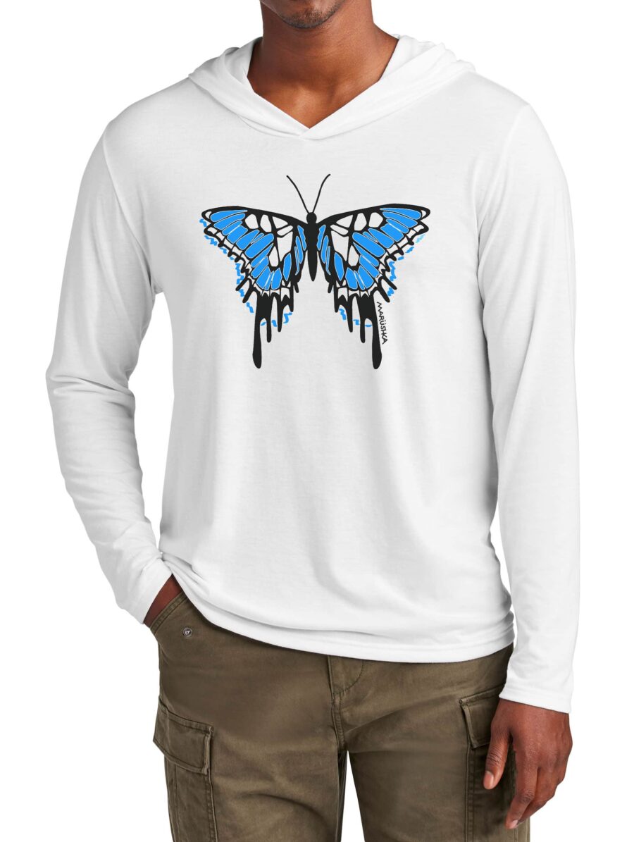 Tri Blend Long Sleeve Hooded T Butterfly (Black & Blue on White)