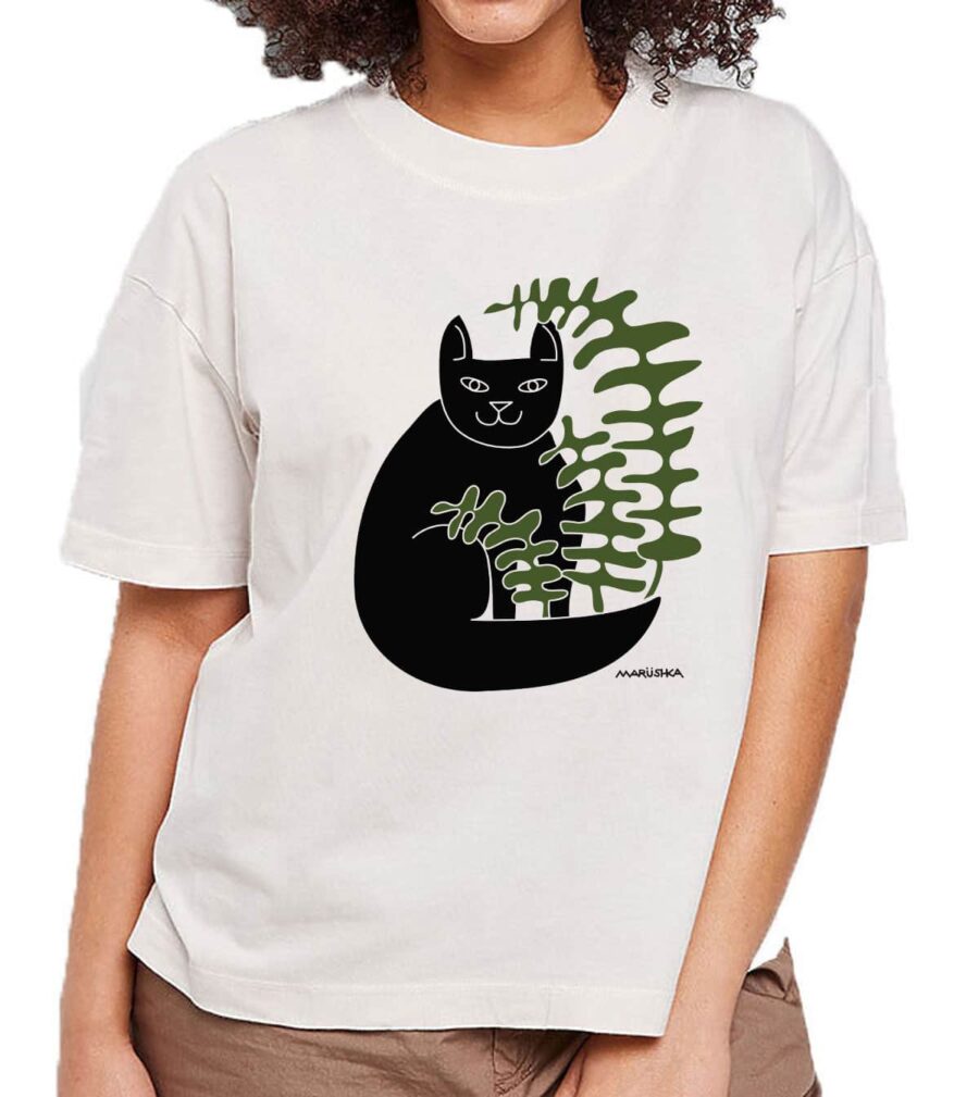 Boxy Crew T Cat Fern (Black & Olive on Porcelain)