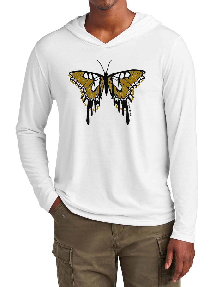 Tri Blend Long Sleeve Hooded T Butterfly (Black & Mustard on White)