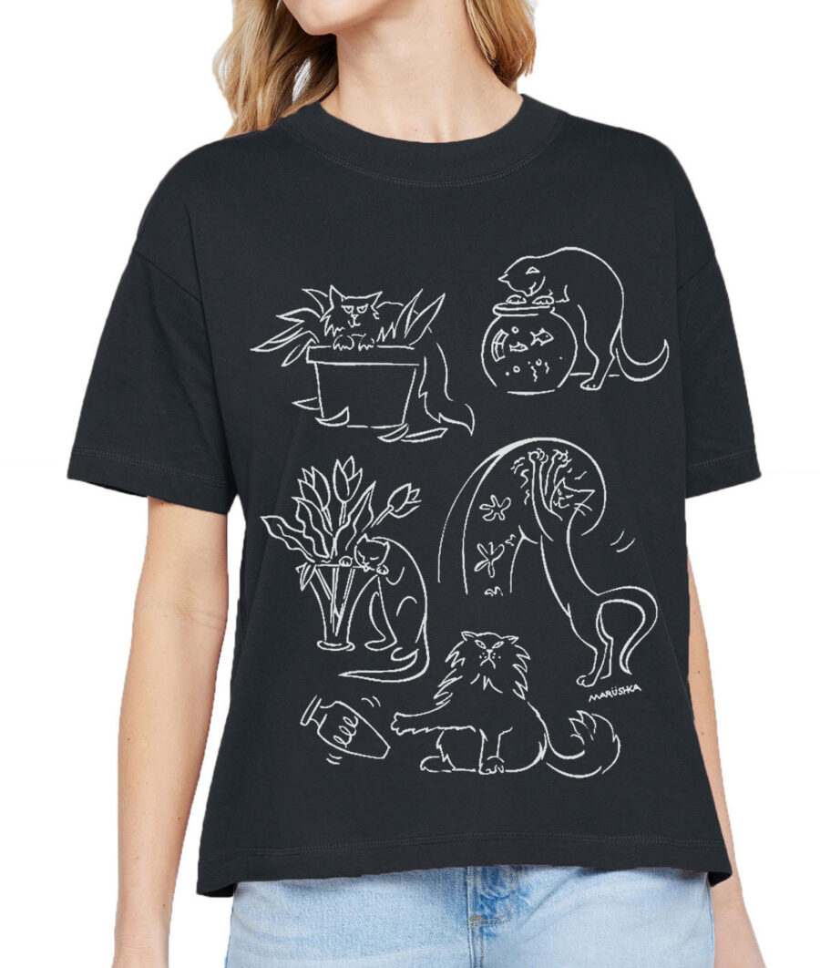 Boxy Crew T Bad Cats (White on Black)