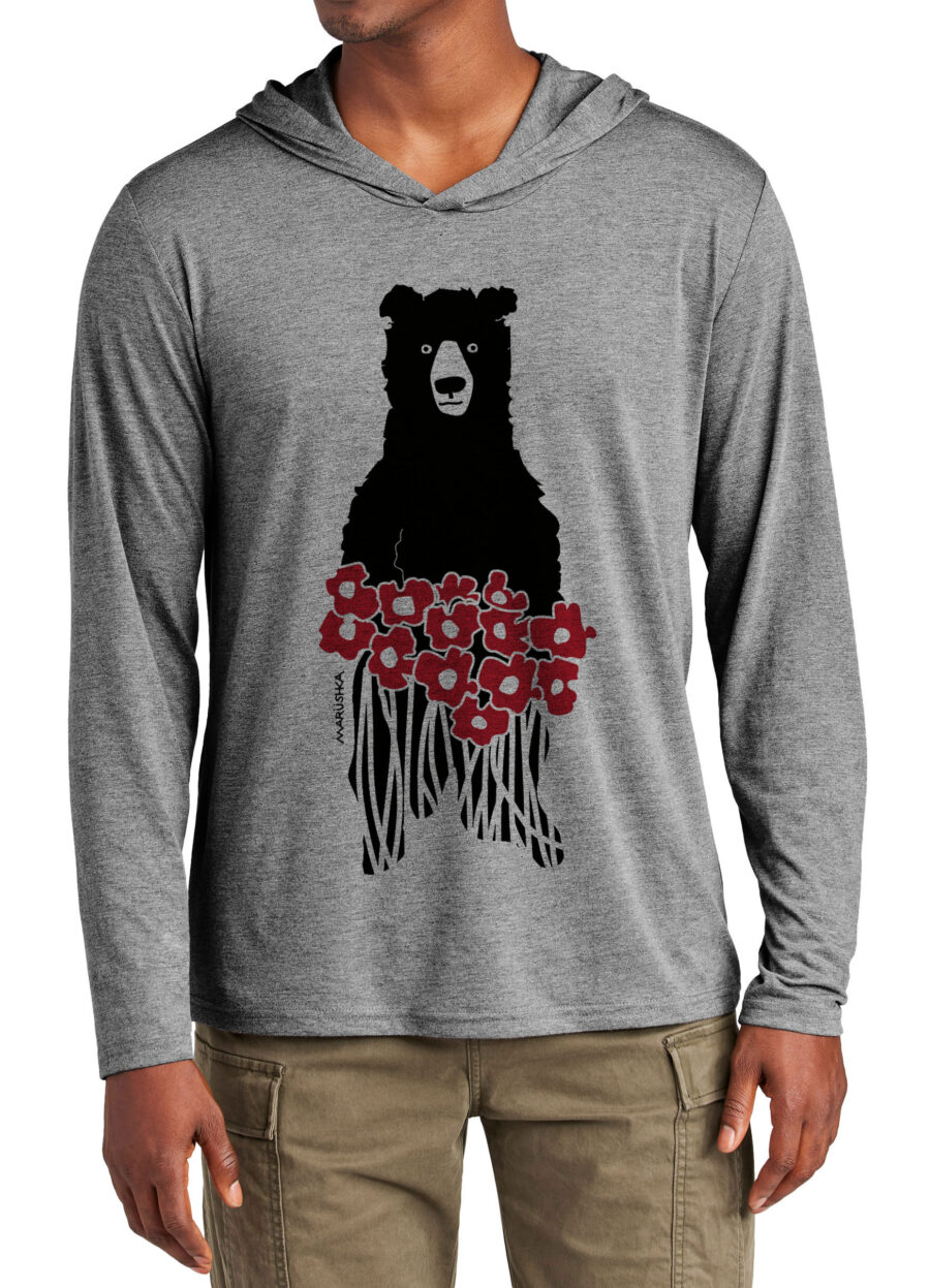 Tri Blend Long Sleeve Hooded T Bear Flowers (Multi on Dark Heather)