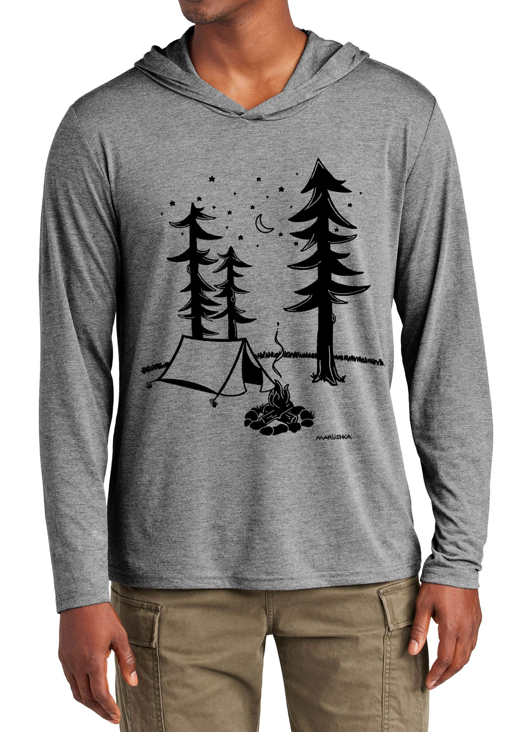 Tri Blend Long Sleeve Hooded T Campsite (Black on Dark Heather)