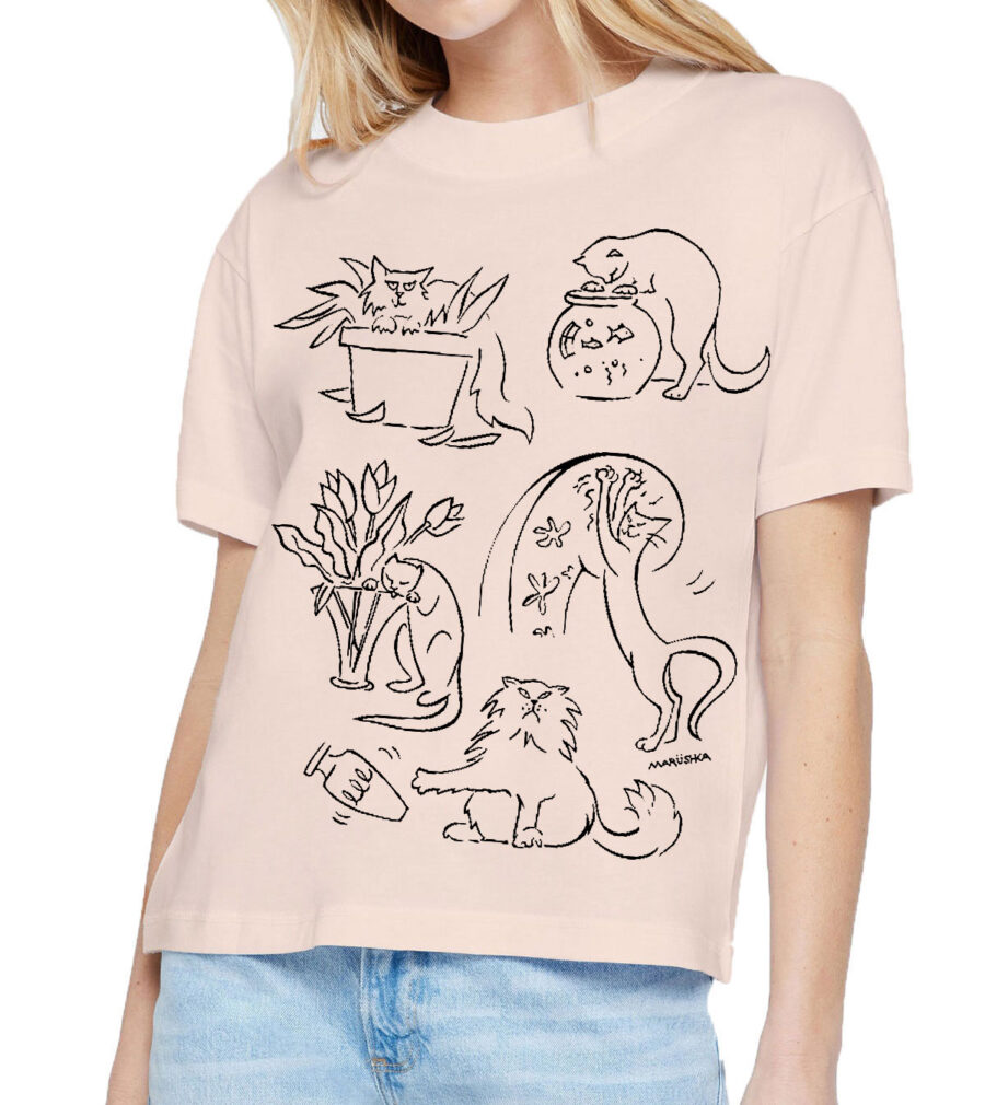 Boxy Crew T Bad Cats (Black on Blush)