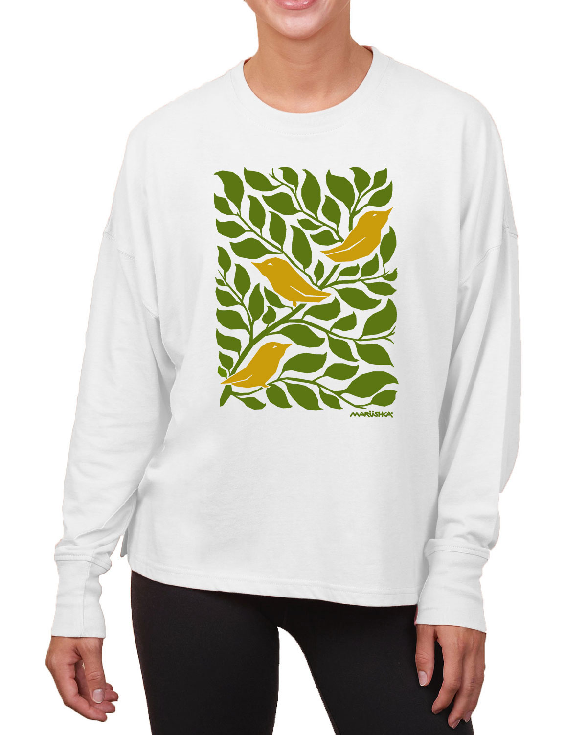 Boxy Long Sleeve Tee 3 Birds (Olive & Mustard on Linen)