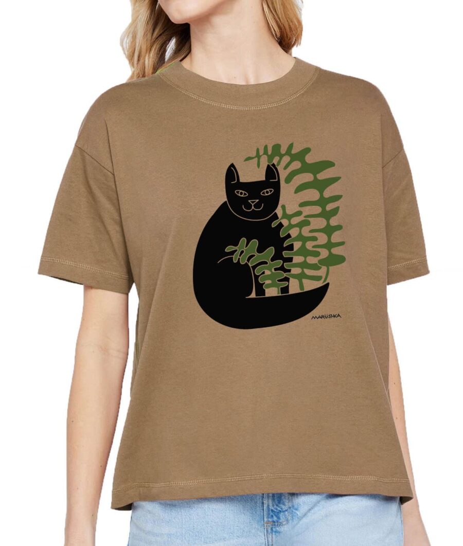 Boxy Crew T Cat Fern (Black & Olive on Brown)