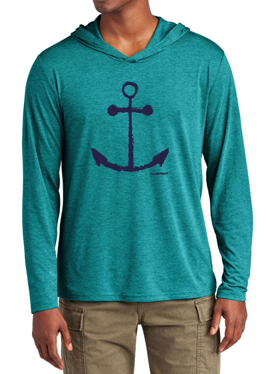 Tri Blend Long Sleeve Hooded T Anchor (Navy on Teal Heather)