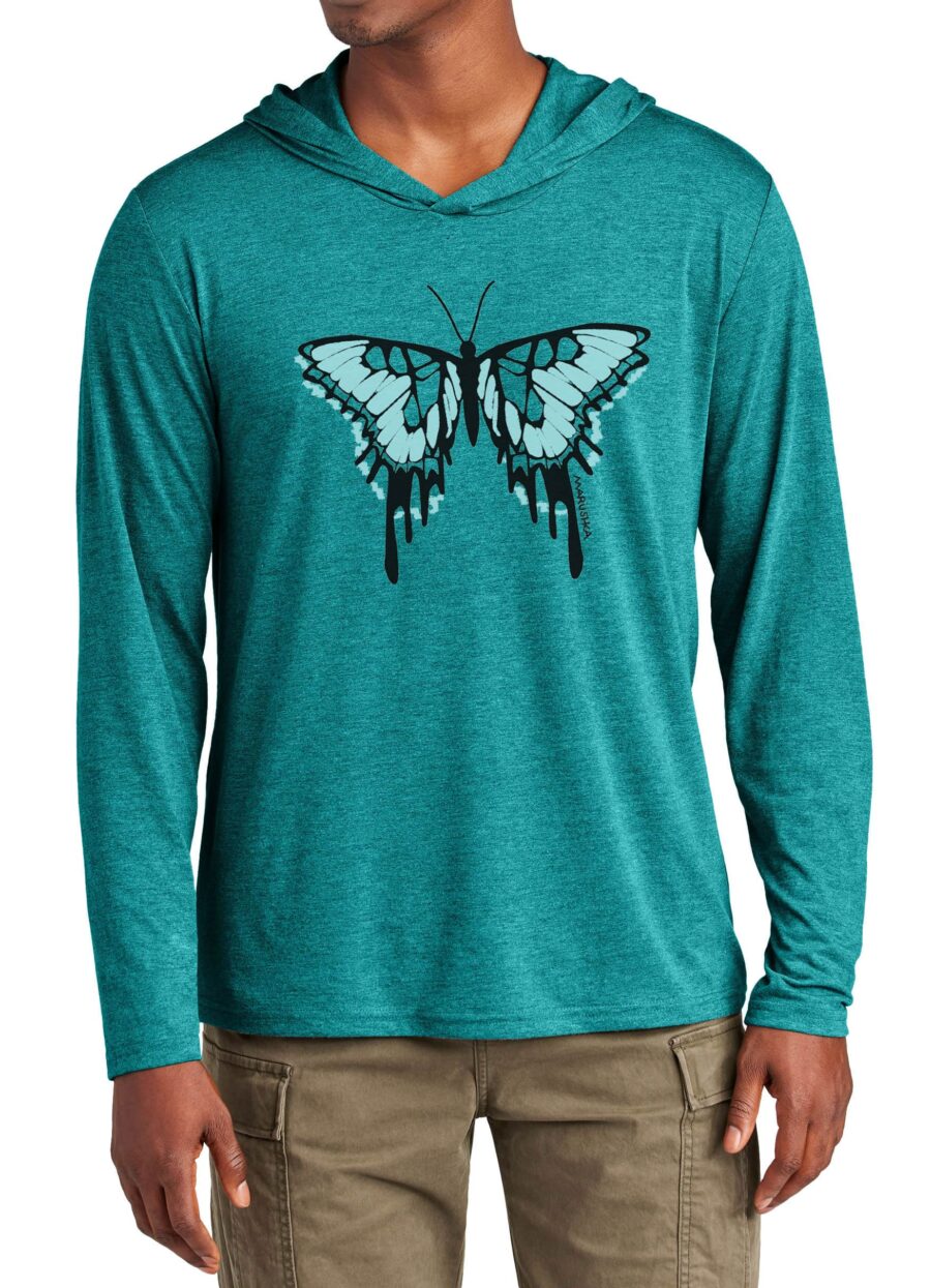 Tri Blend Long Sleeve Hooded T Butterfly (Black & Natural on Teal Htr)
