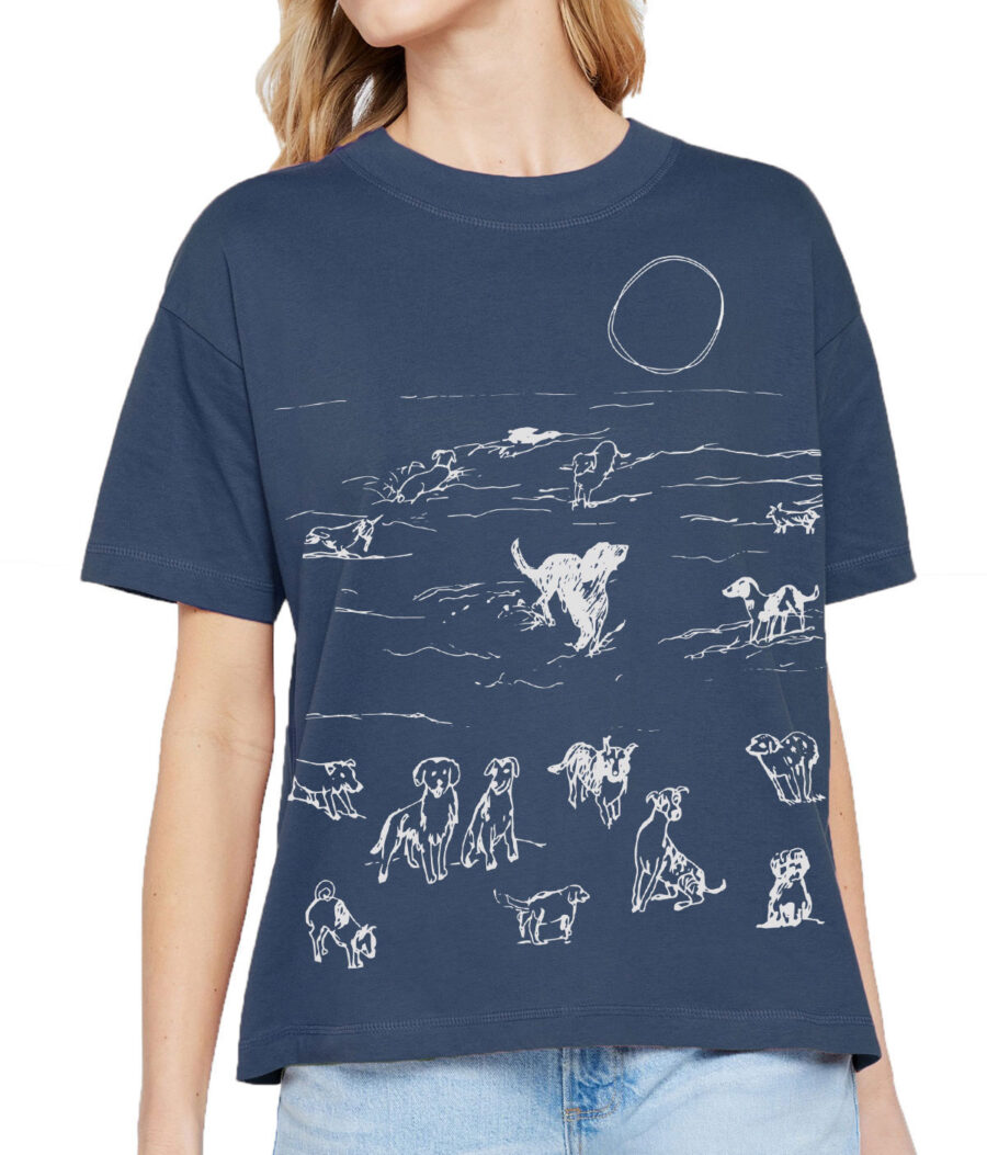 Boxy Crew T Beach Dogs (White on Denim)