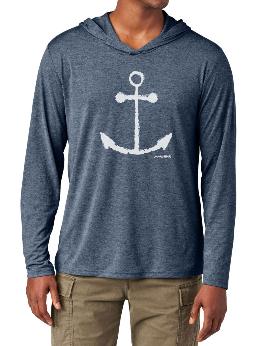 Tri Blend Long Sleeve Hooded T Anchor (White on Navy Heather)