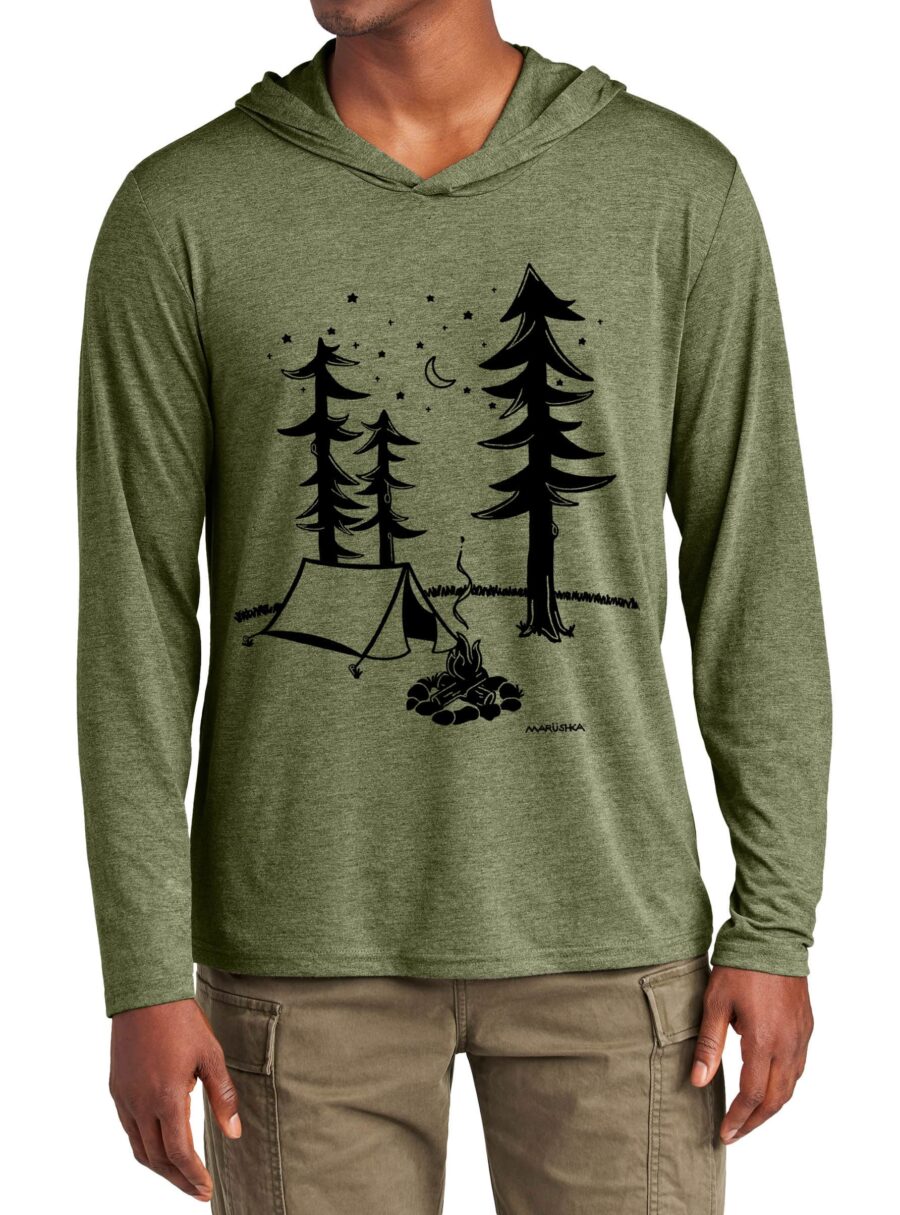 Tri Blend Long Sleeve Hooded T Campsite (Black on Olive Heather)