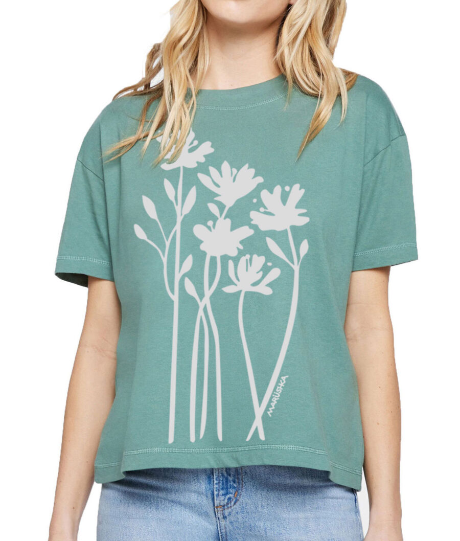 Boxy Crew T Bloom (White on Sea Glass)