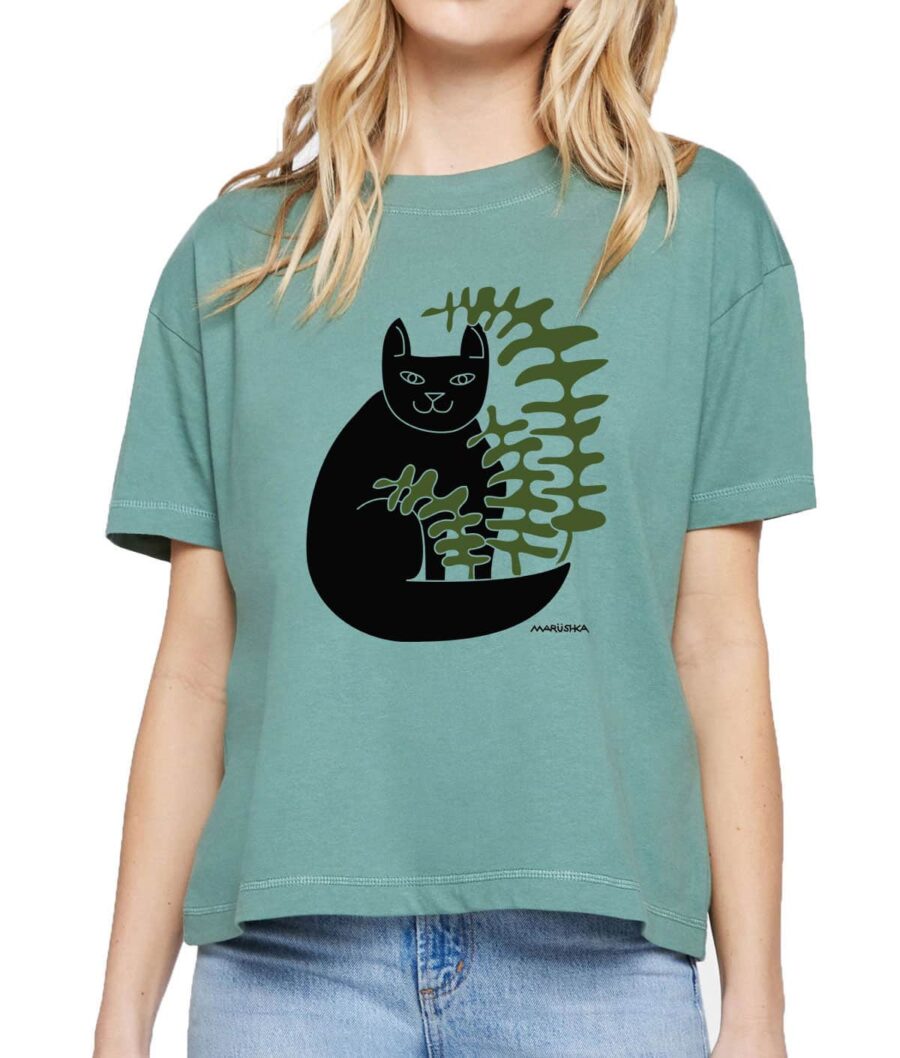 Boxy Crew T Cat Fern (Black & Olive on Sea Glass)