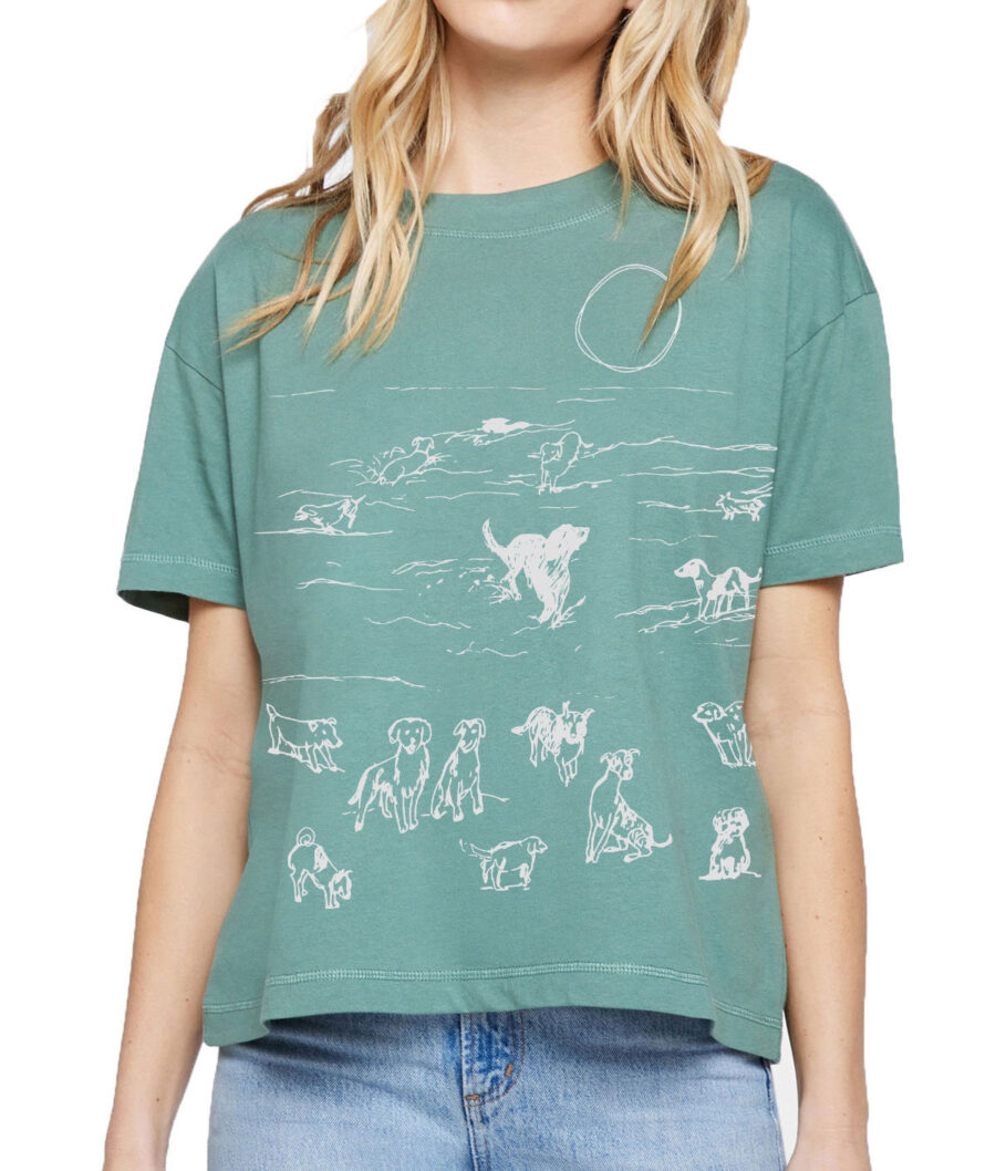 Boxy Crew T Beach Dogs (White on Sea Glass)