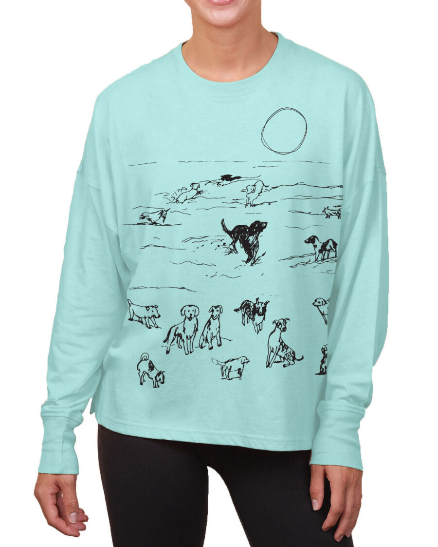 Boxy Long Sleeve Tee Beach Dogs (Black on Sea Glass)