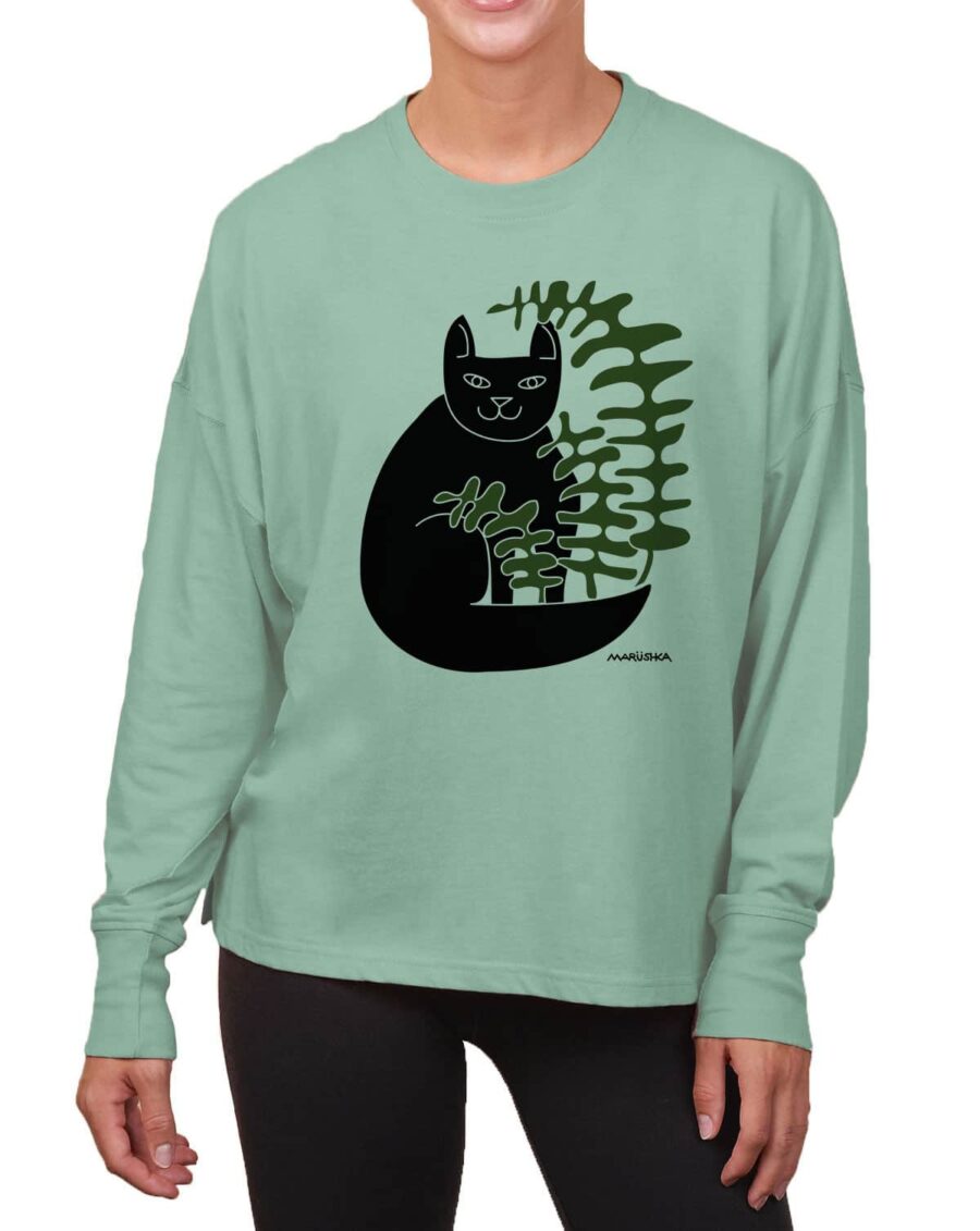 Boxy Long Sleeve Tee Cat Fern (Multi on Sage)