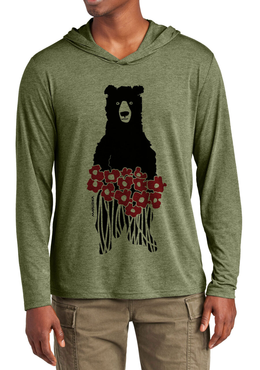 Tri Blend Long Sleeve Hooded T Bear Flowers (Multi on Olive Heather)