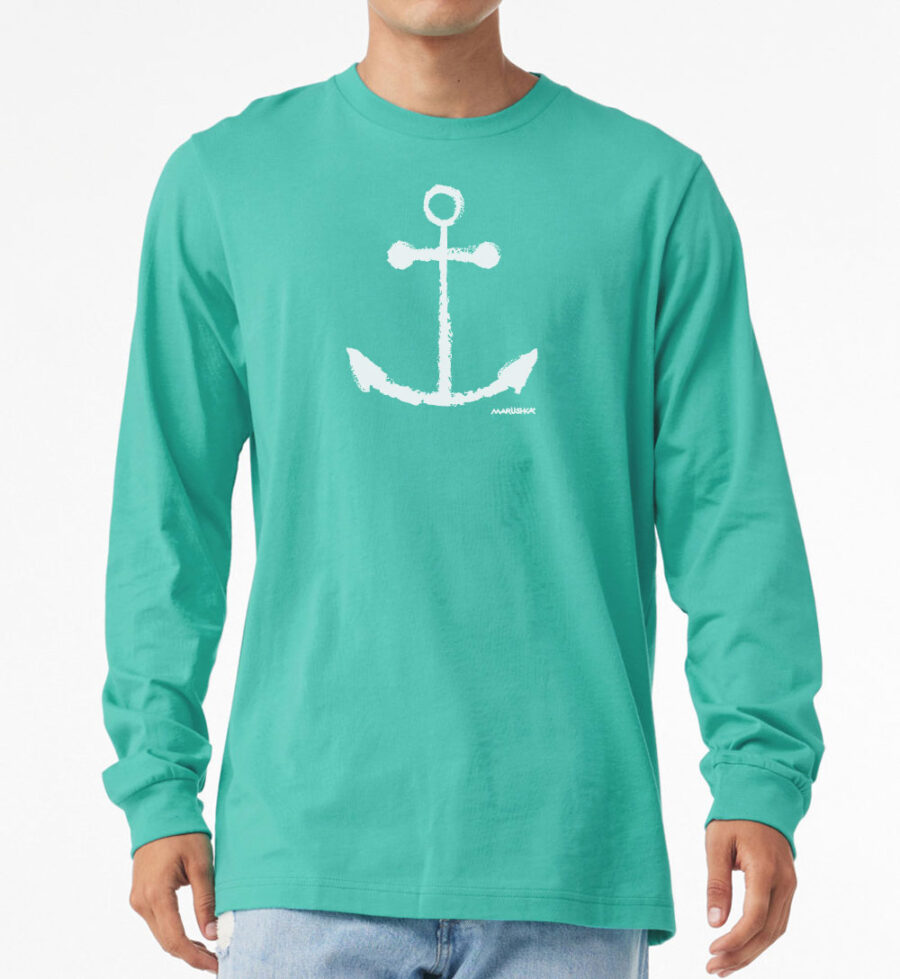 Long Sleeve T Anchor (White on Teal)