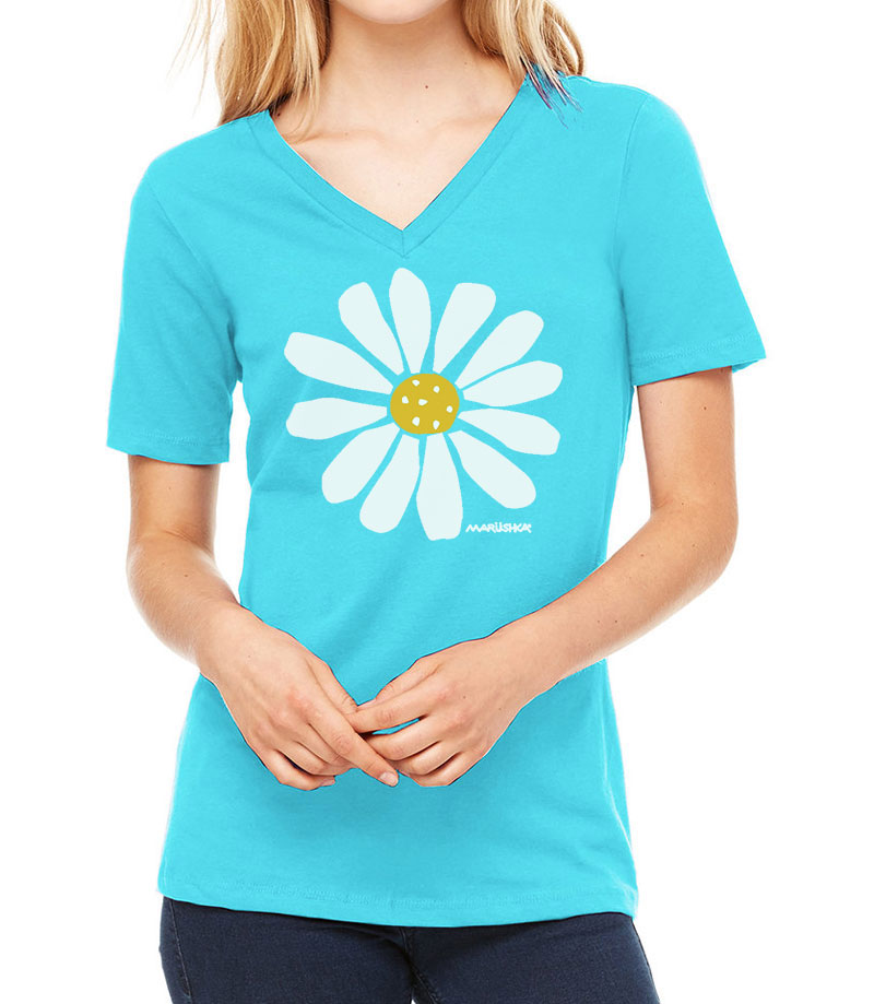 Relaxed V Neck Big Daisy (Multi on Turquoise)