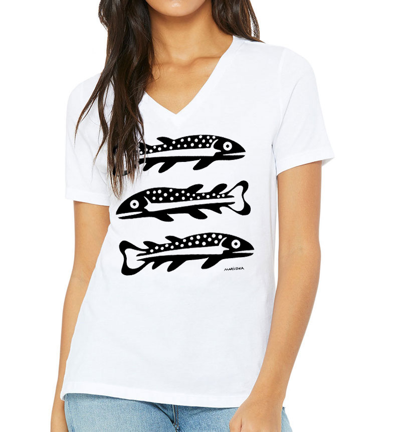Relaxed V Neck 3 Fish (Black on White)