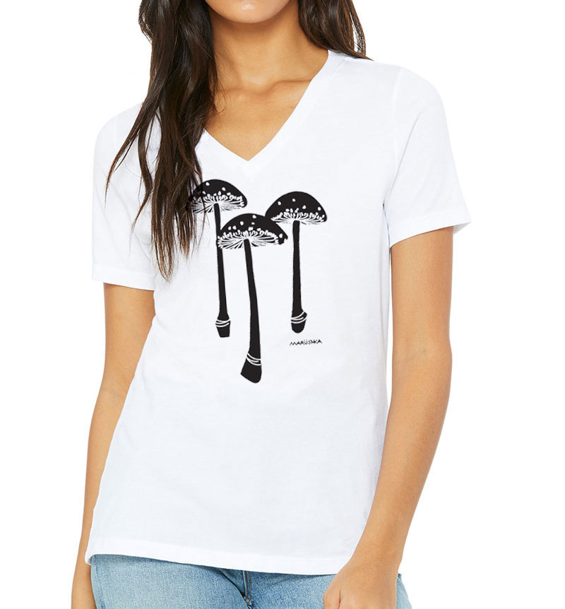 Relaxed V Neck 3 Mushrooms (Black on White)