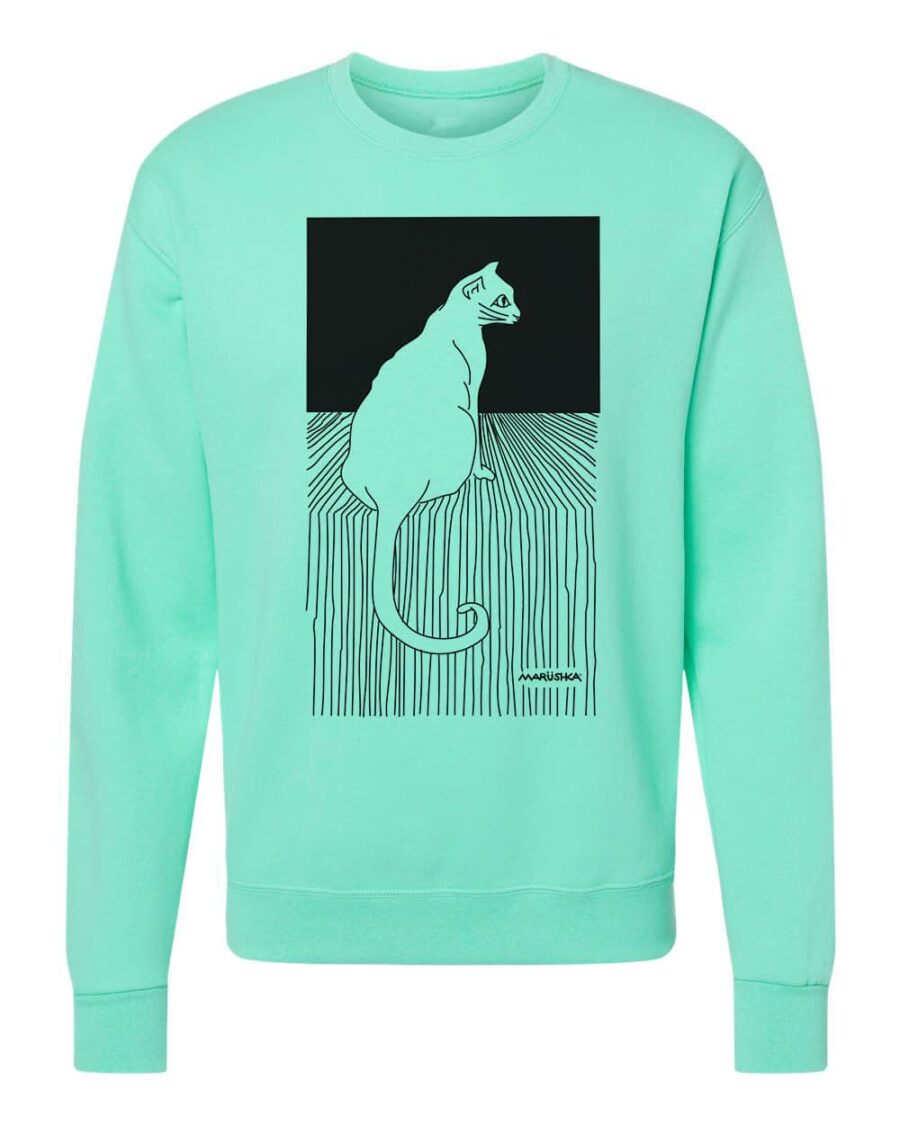 Crewneck Sweatshirt Cat Stripe (Black on Aqua)