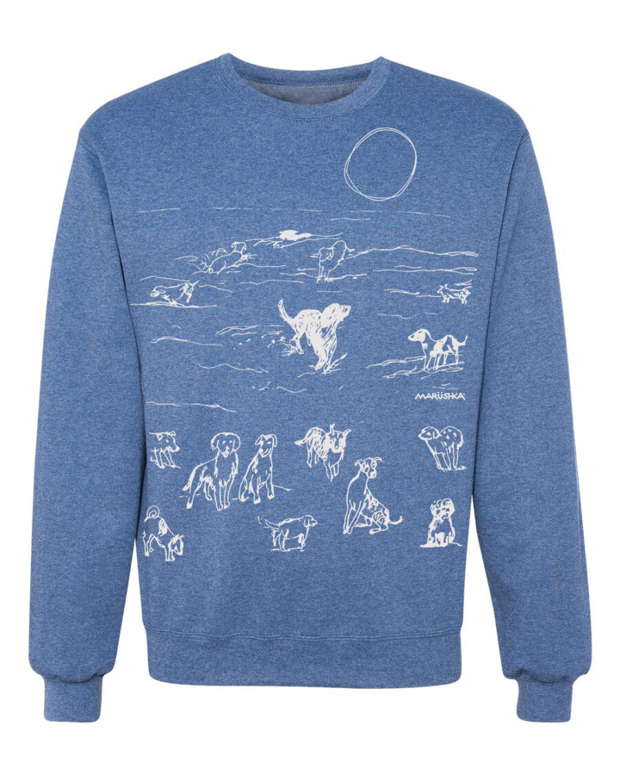 Crewneck Sweatshirt Beach Dogs (White on Heather Blue)