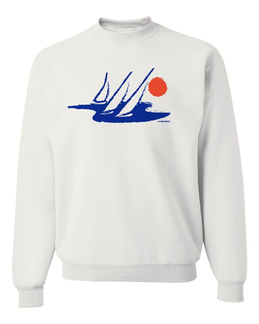 Crewneck Sweatshirt Boat Sun (Blue & Reddish on White)