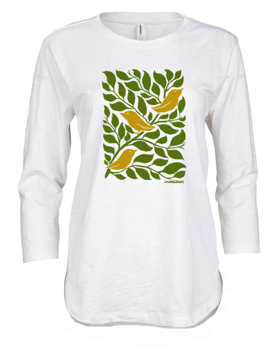 3/4 Slub Hi-Lo 3 Birds (Olive & Mustard on White)