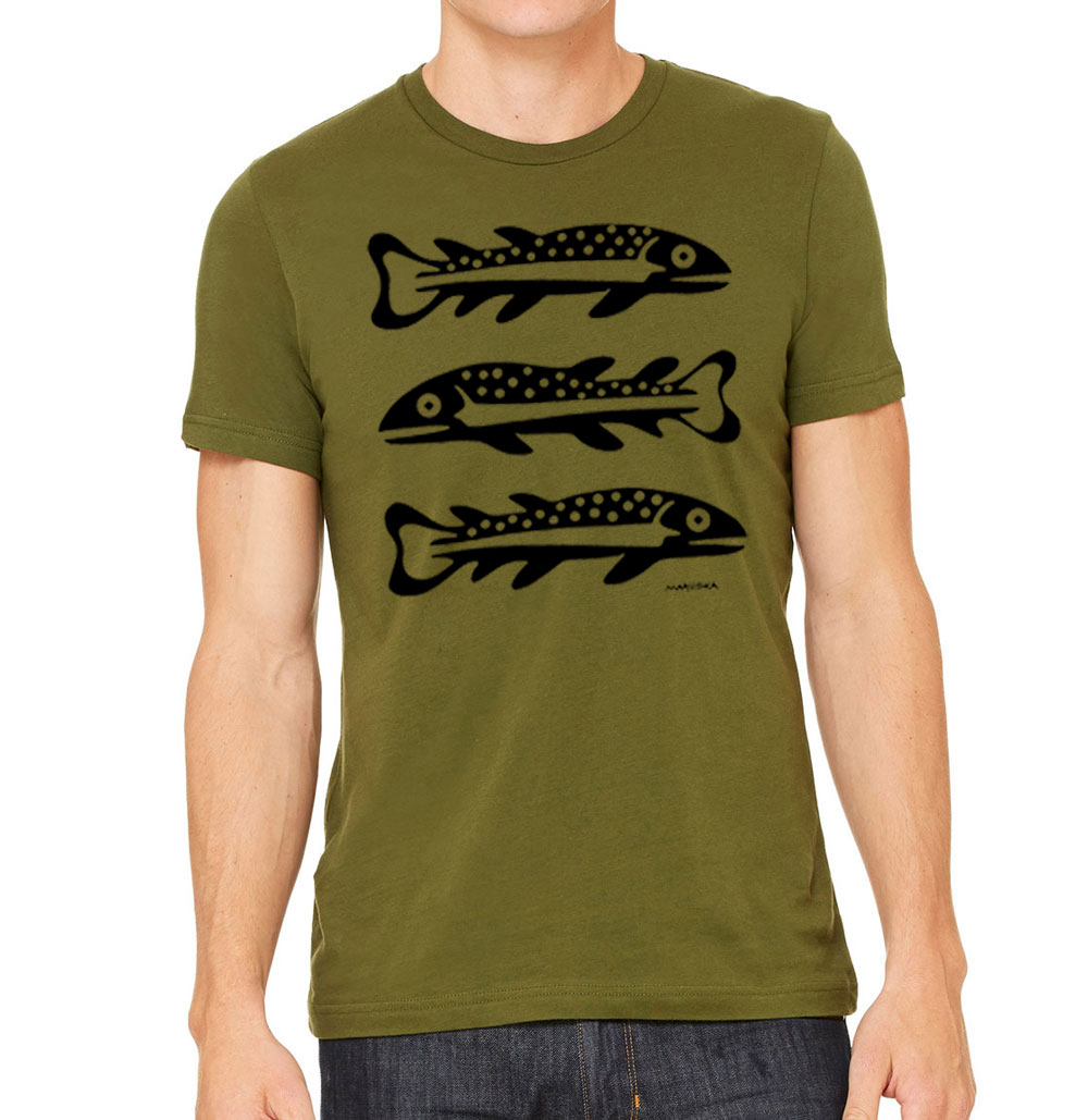 Short Sleeve T 3 Fish (Black on Olive)