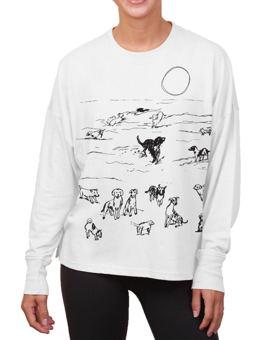 Boxy Long Sleeve Tee Beach Dogs (Black on Linen)