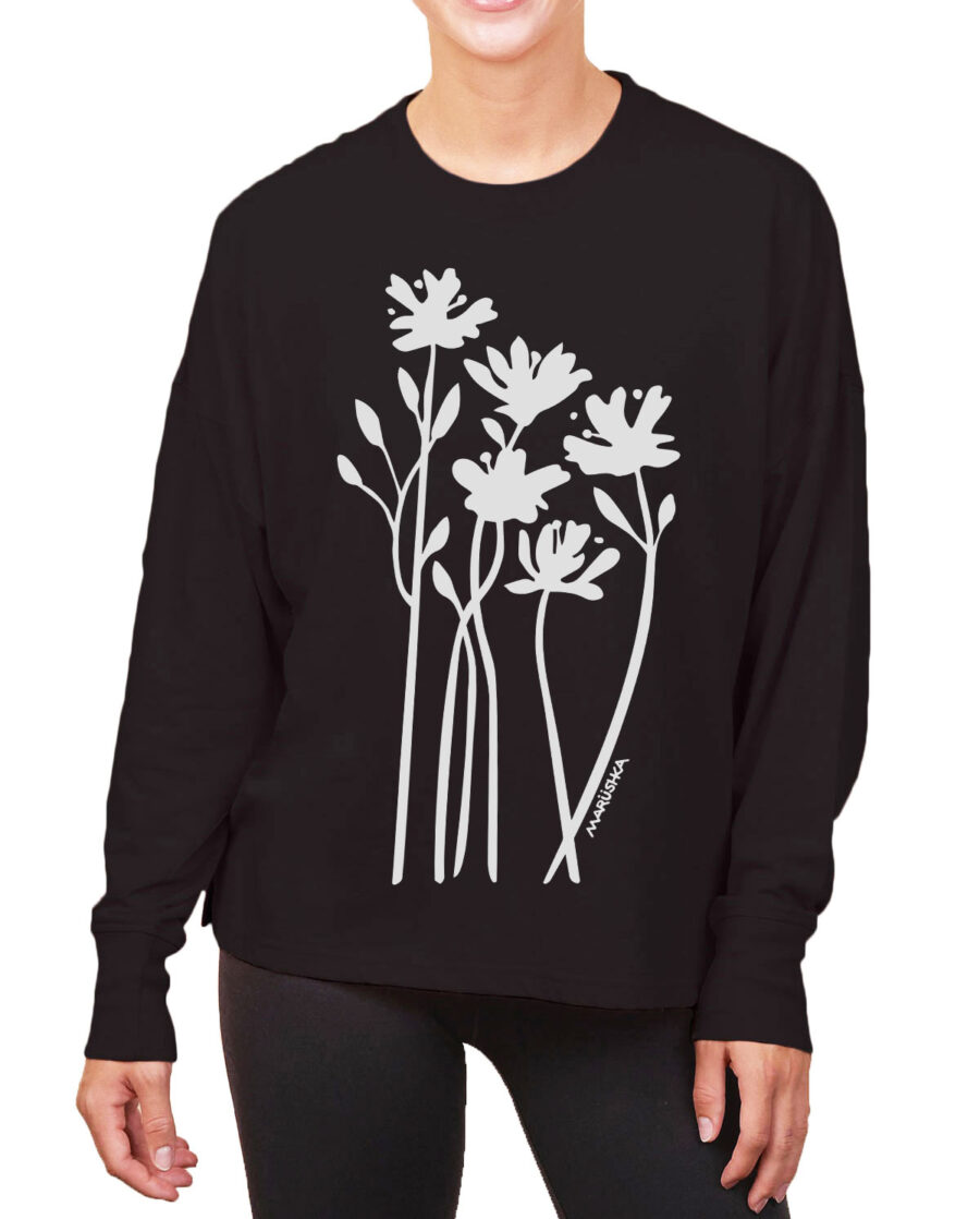 Boxy Long Sleeve Tee Bloom (White on Black)