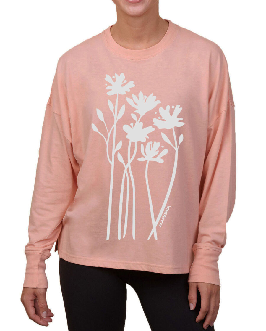 Boxy Long Sleeve Tee Bloom (White on Peach)