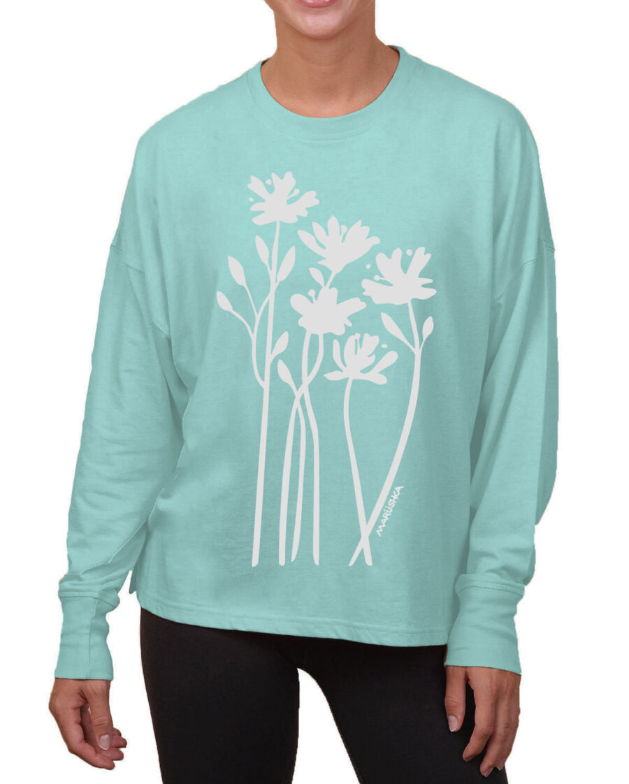 Boxy Long Sleeve Tee Bloom (White on Sea Glass)