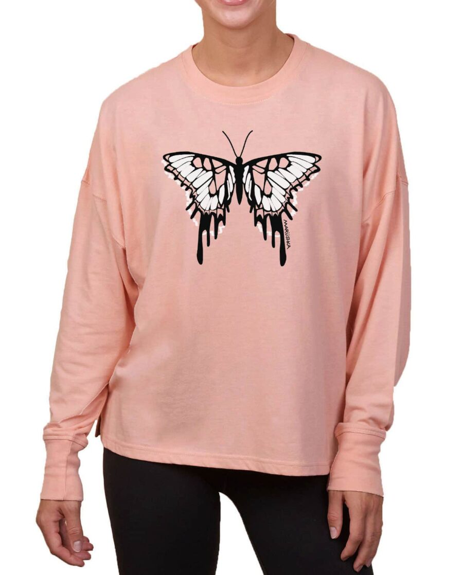 Boxy Long Sleeve Tee Butterfly (Black & Natural on Peach)