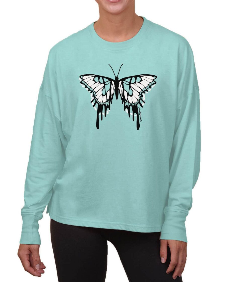 Boxy Long Sleeve Tee Butterfly (Black & Natural on Sea Glass)