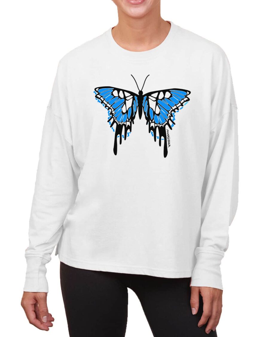 Boxy Long Sleeve Tee Butterfly (Black & Blue on Linen)