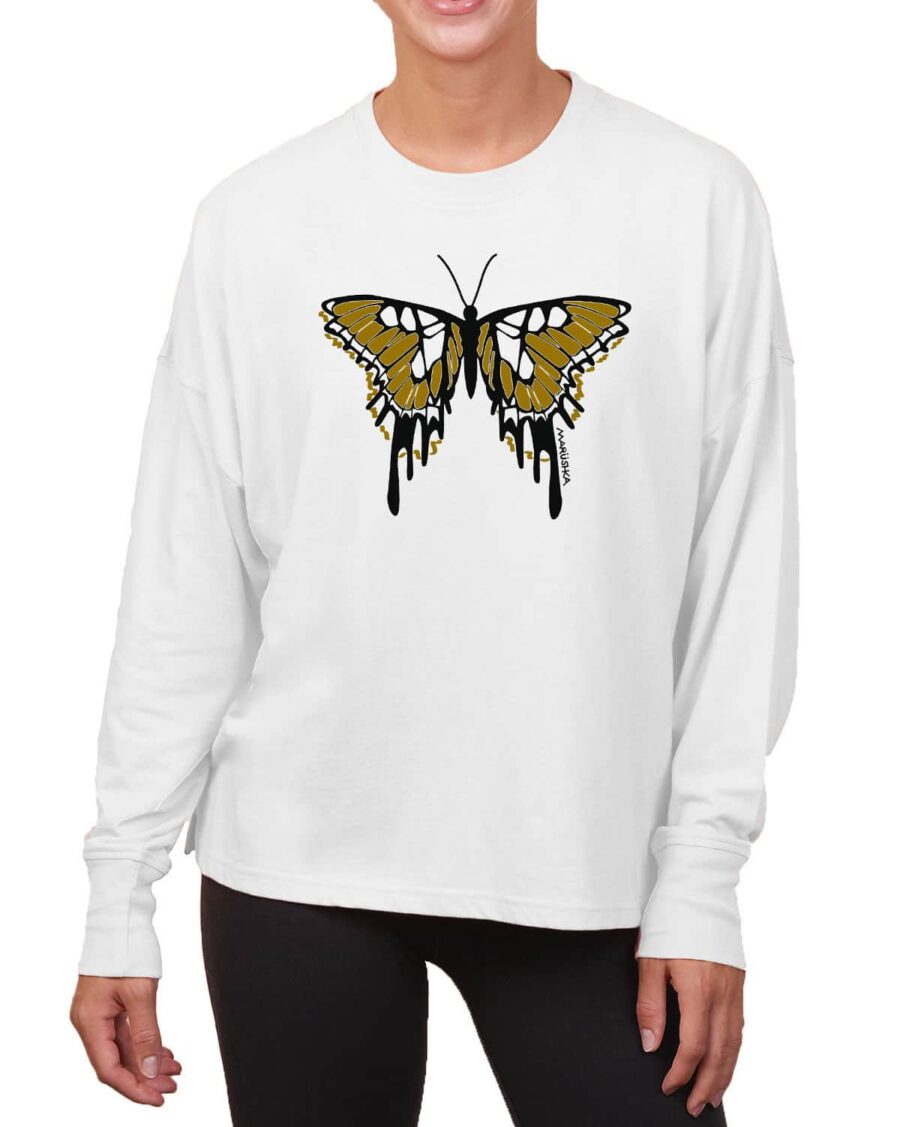 Boxy Long Sleeve Tee Butterfly (Black & Mustard on Linen)