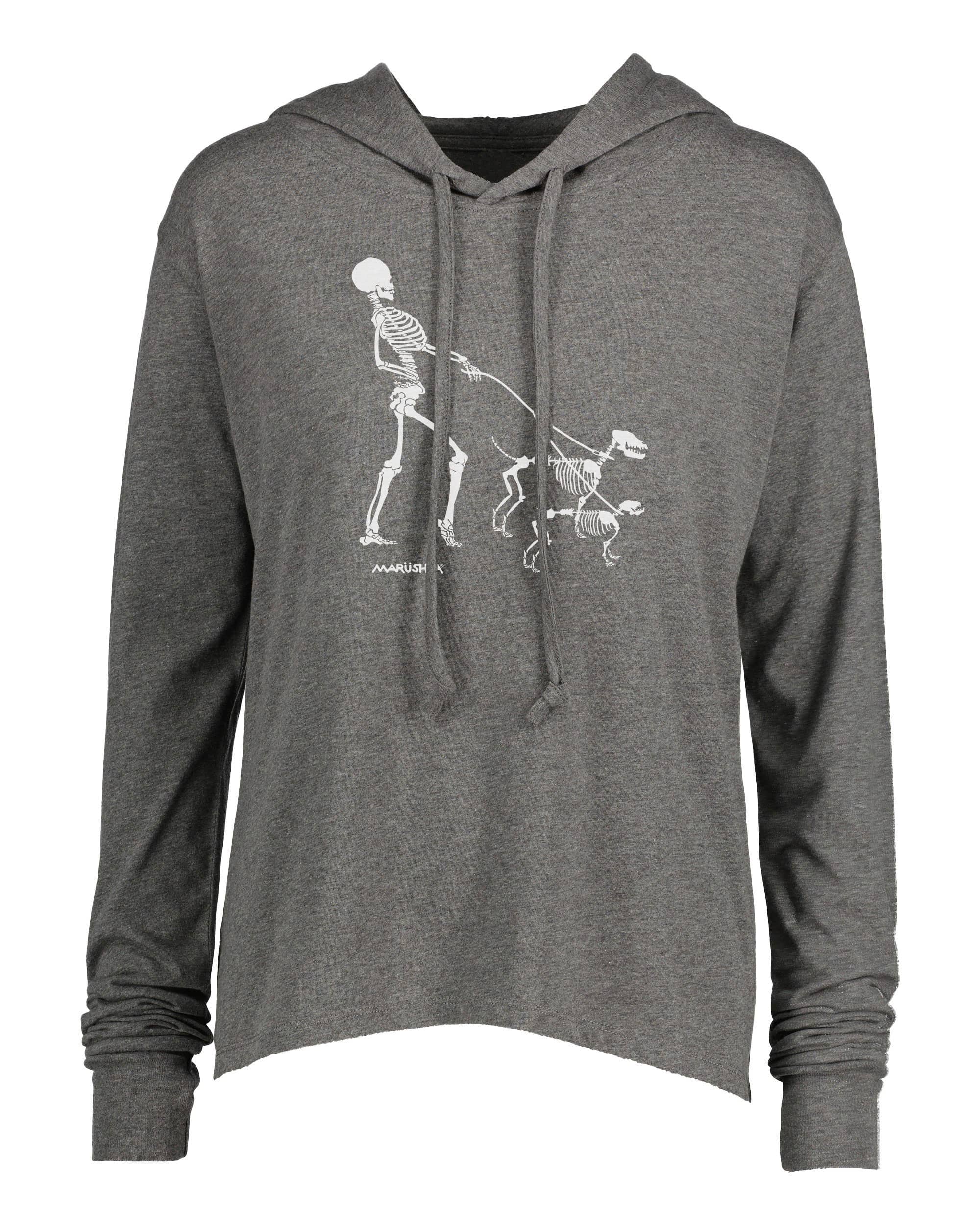 Long Sleeve Hooded T Skeleton Walk (White on Dark Heather)