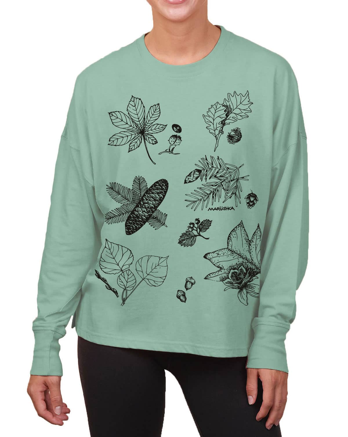 Boxy Long Sleeve Tee Fall Foliage (Black on Sage)